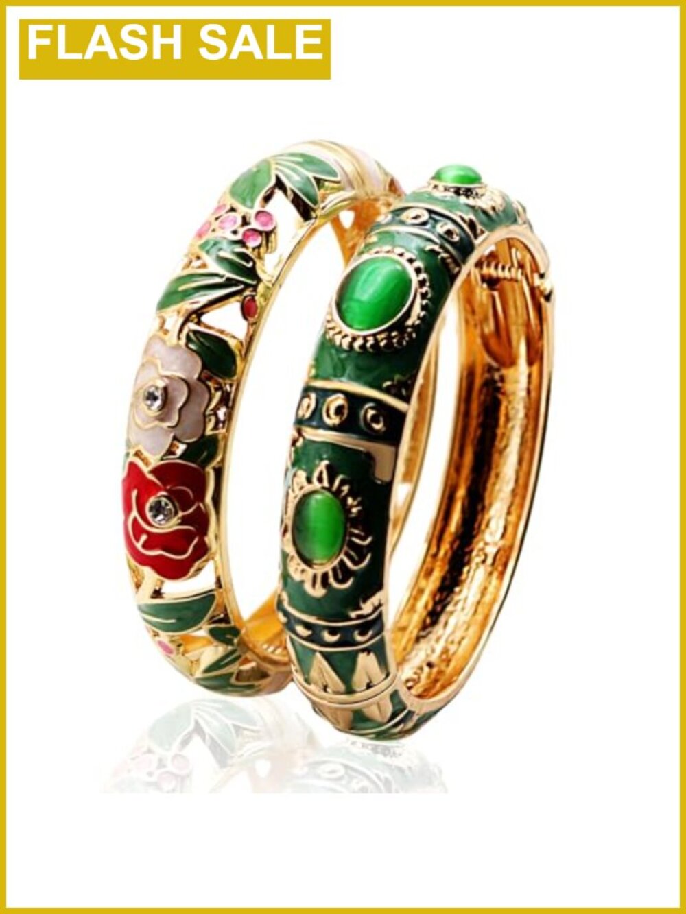 Gold Plated Enameled Bangle Bracelet with Floral Gemstone for Women
